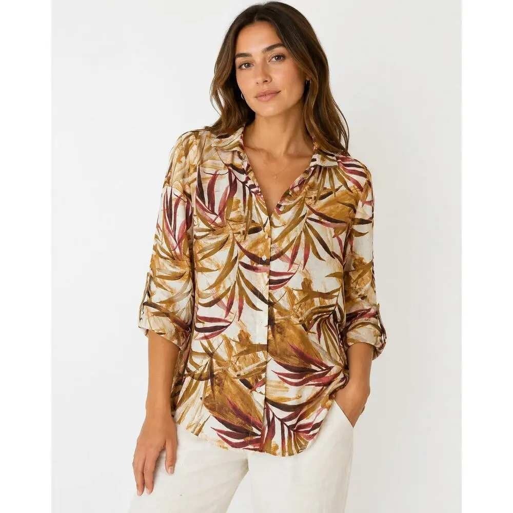 C by One Button Down Shirt Size XL Tan Tropical Palm Leaf‎ Roll Tab Beachy Light
